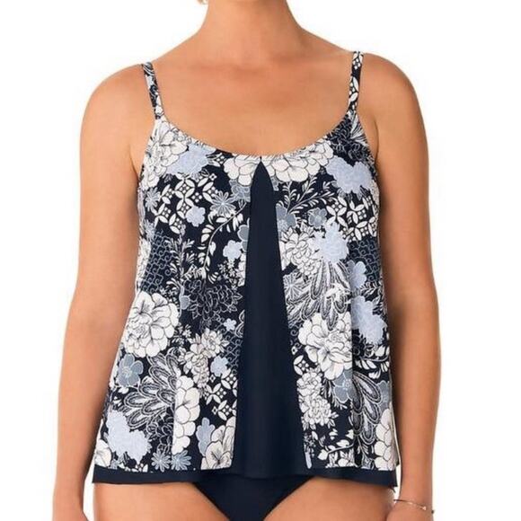 Swim Solutions Women's Blue/White Lacy Affair Split Front Tankini Swim Top sz 10 - Picture 1 of 4